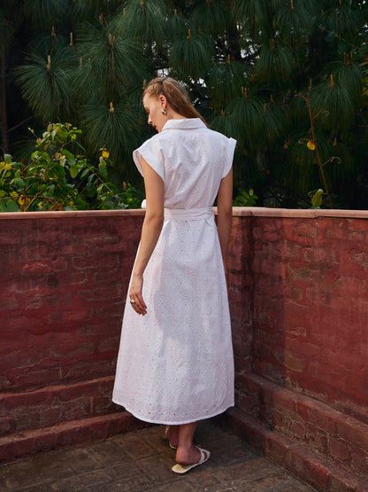 White Schiffli Button Down Midi Dress