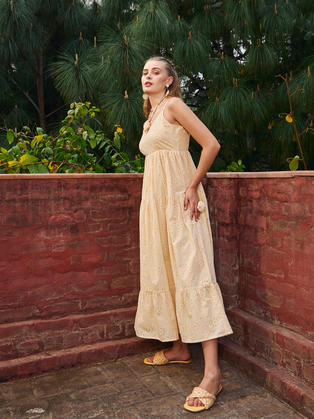 Women Ecru Schiffli V-Neck Smocked Back Strappy Midi Dress