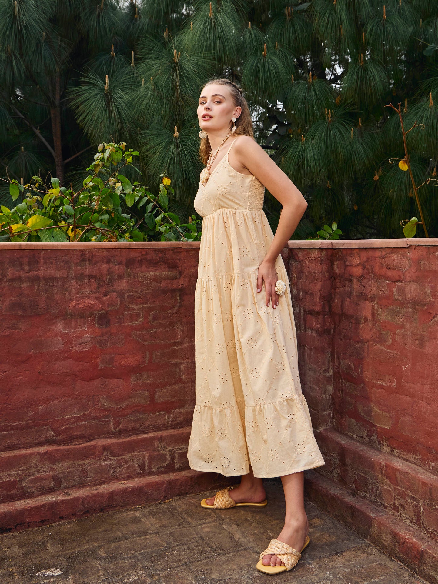 Women Ecru Schiffli V-Neck Smocked Back Strappy Midi Dress