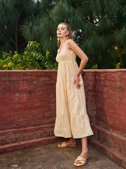 Women Ecru Schiffli V-Neck Smocked Back Strappy Midi Dress