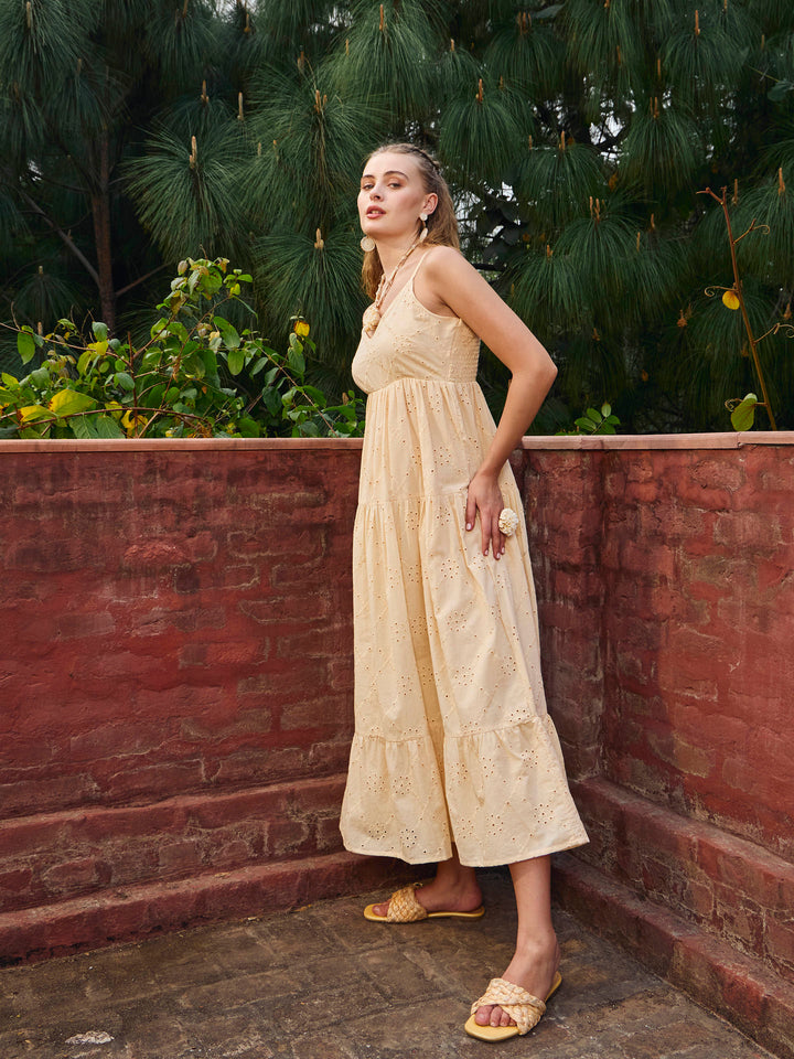Women Ecru Schiffli V-Neck Smocked Back Strappy Midi Dress