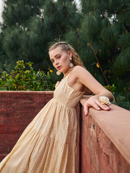 Women Ecru Schiffli V-Neck Smocked Back Strappy Midi Dress