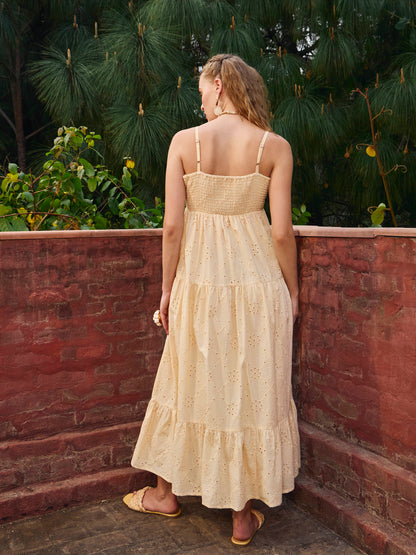 Women Ecru Schiffli V-Neck Smocked Back Strappy Midi Dress