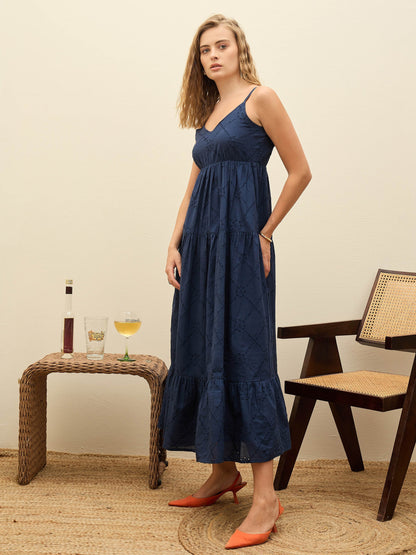 Women Navy Schiffli V-Neck Smocked Back Strappy Midi Dress