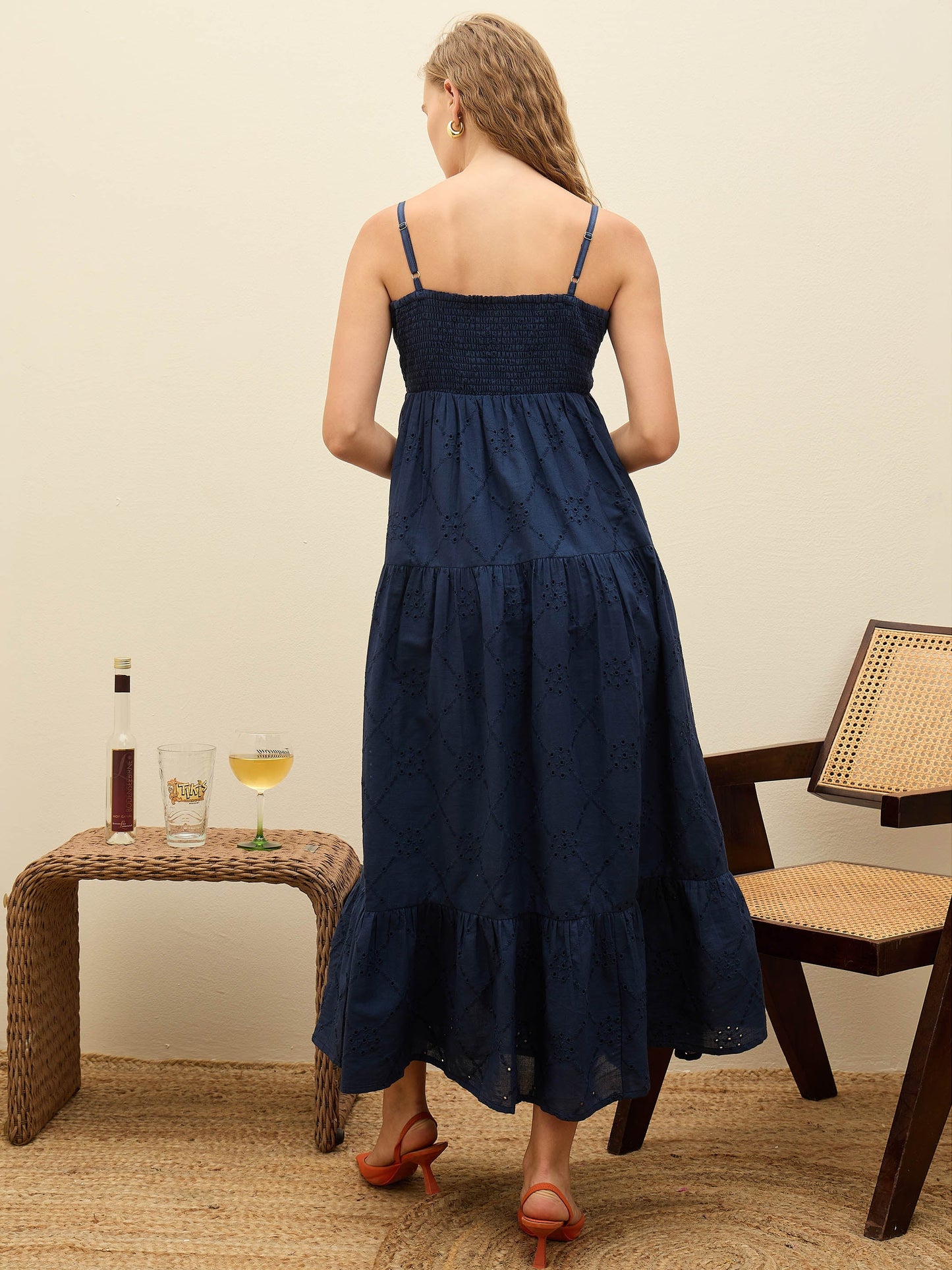 Women Navy Schiffli V-Neck Smocked Back Strappy Midi Dress