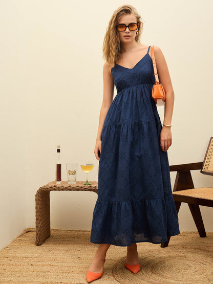 Women Navy Schiffli V-Neck Smocked Back Strappy Midi Dress