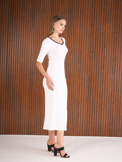 Women White Rib Sweetheart Contrast Neck Midi Dress