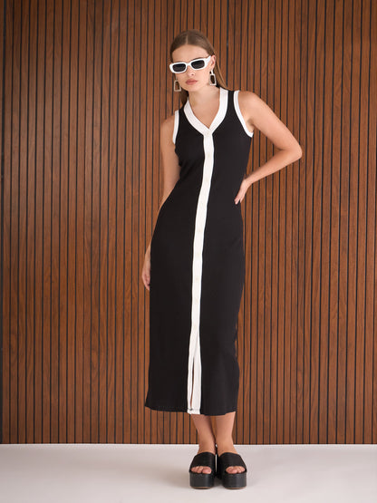 Women Black Rib With White Contrast Button Maxi Dress