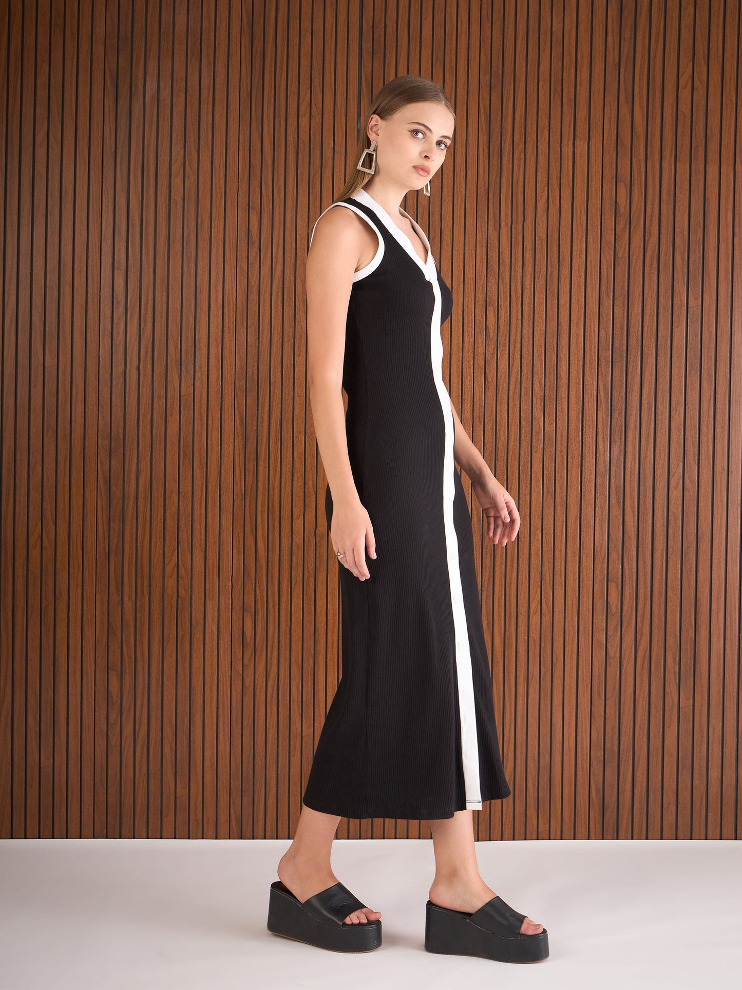 Women Black Rib With White Contrast Button Maxi Dress