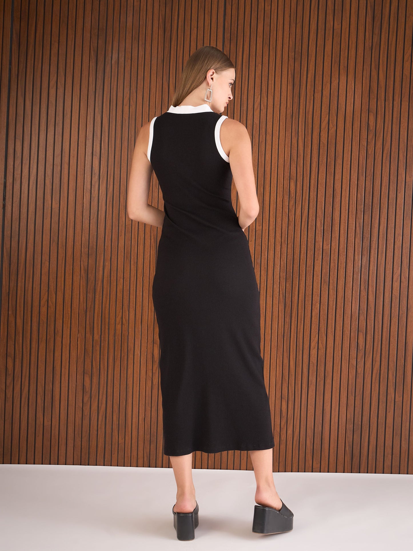 Women Black Rib With White Contrast Button Maxi Dress