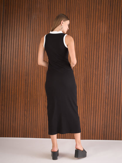 Women Black Rib With White Contrast Button Maxi Dress