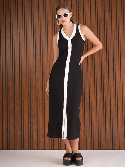 Women Black Rib With White Contrast Button Maxi Dress
