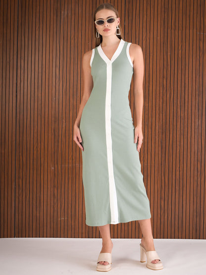 Women Green Rib With White Contrast Button Maxi Dress