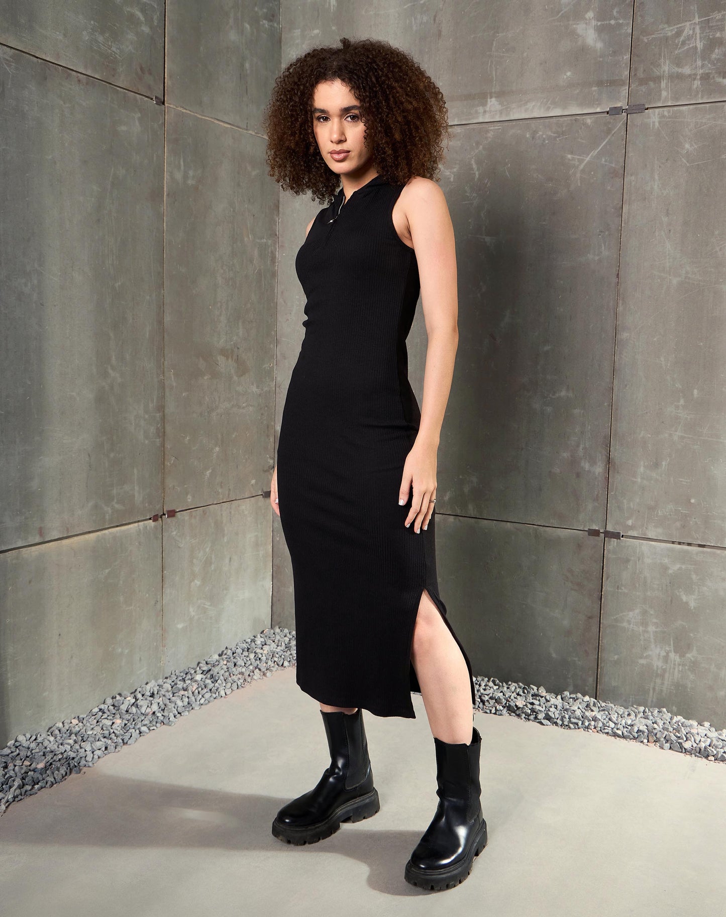 Women Black Rib Sleeveless Hooded Maxi Dress