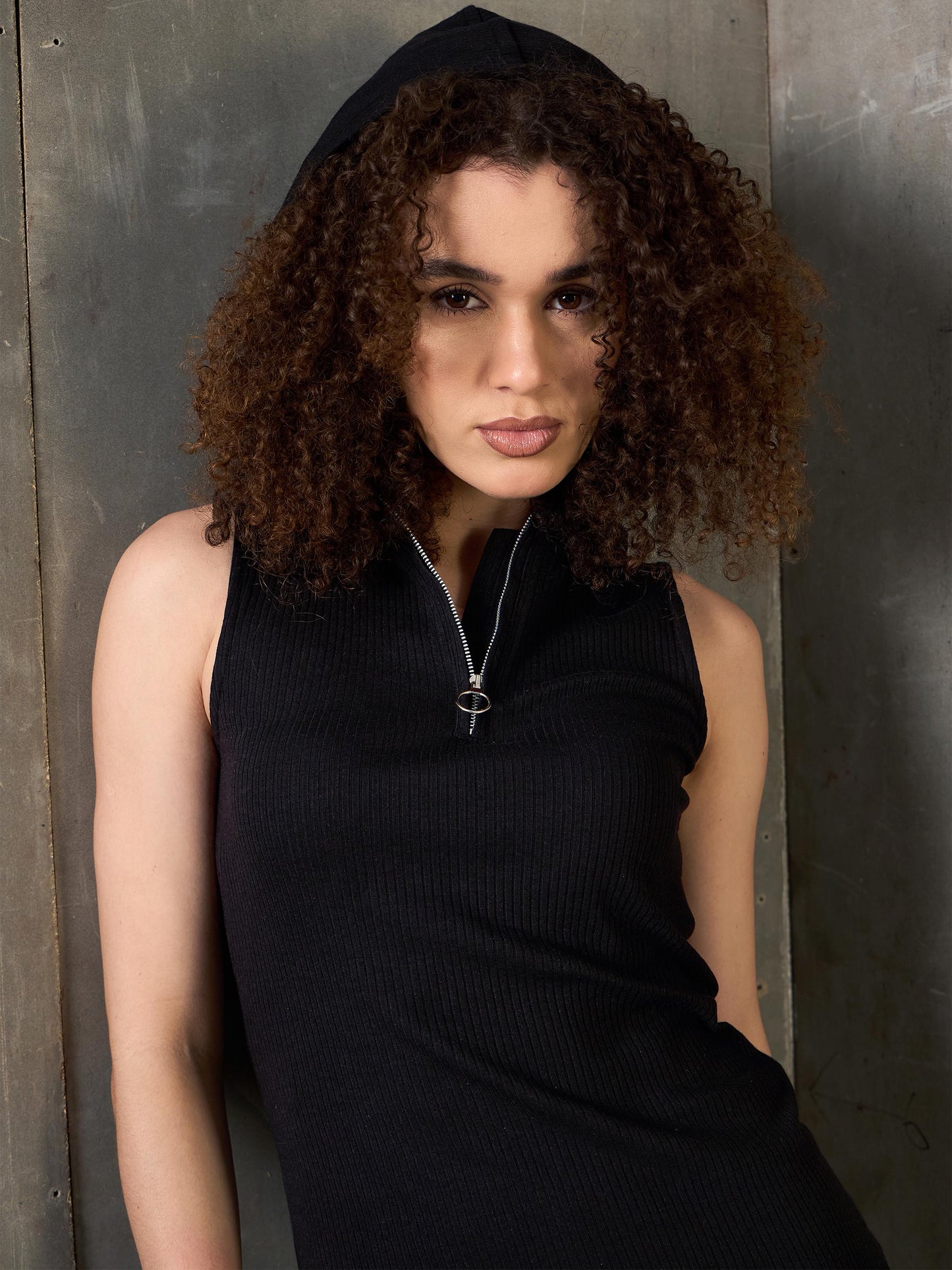 Women Black Rib Sleeveless Hooded Maxi Dress