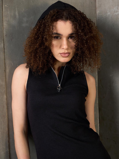 Women Black Rib Sleeveless Hooded Maxi Dress