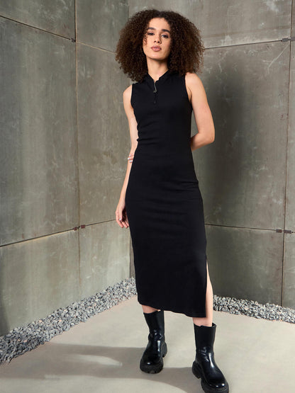 Women Black Rib Sleeveless Hooded Maxi Dress