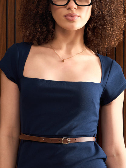 Women Navy Rhombus Neck Belted Bodycon Midi Dress