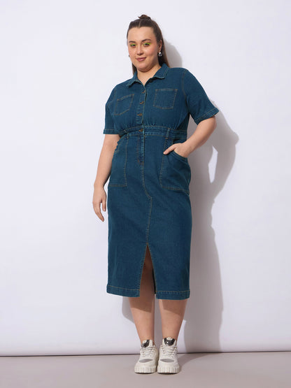 Navy Wash Denim Front Slit Midi Dress-SASSAFRAS Curve
