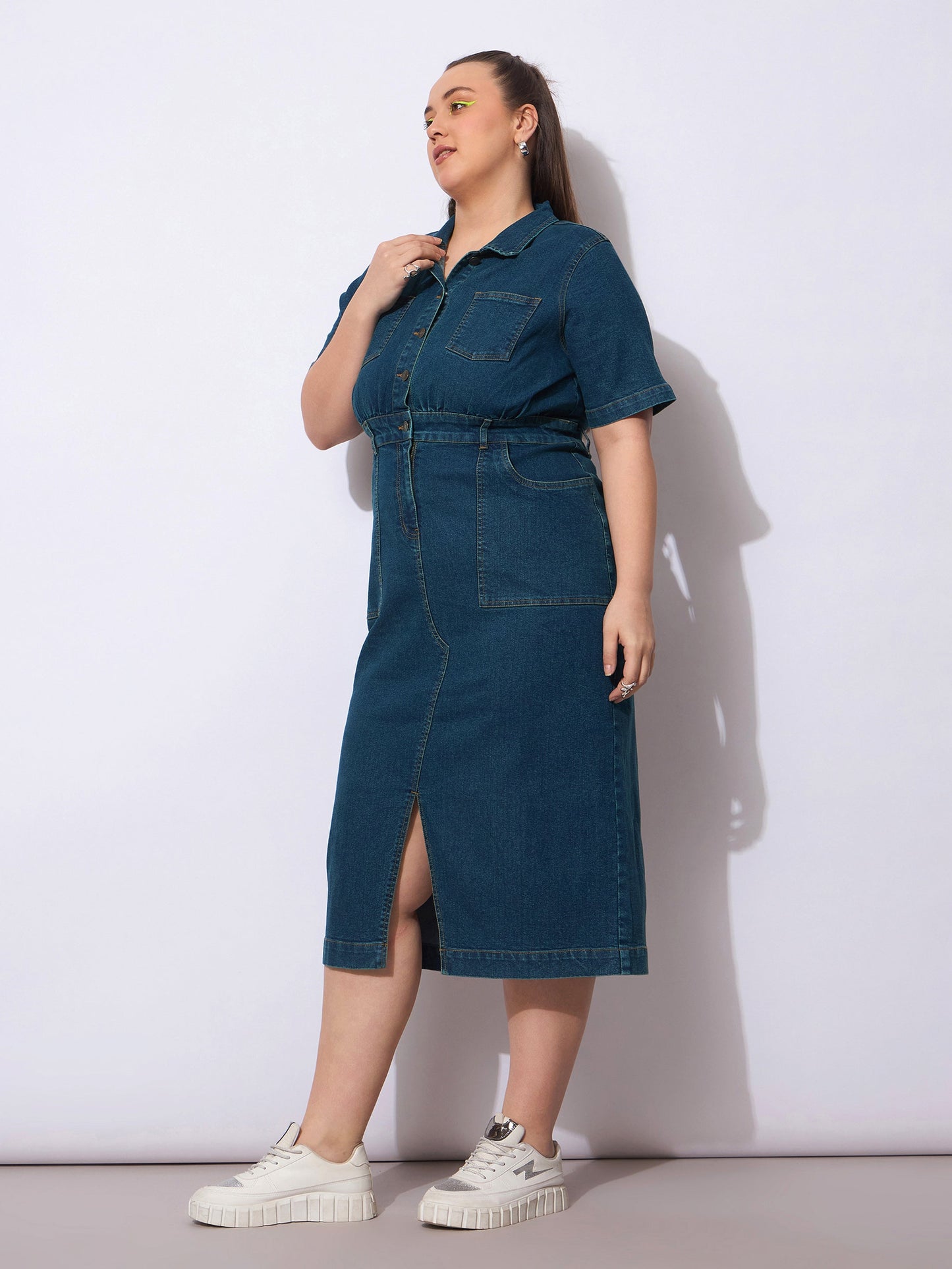 Navy Wash Denim Front Slit Midi Dress-SASSAFRAS Curve