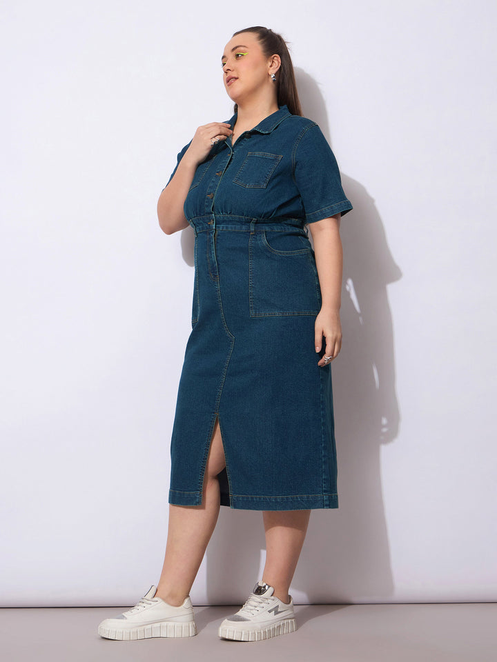 Navy Wash Denim Front Slit Midi Dress-SASSAFRAS Curve