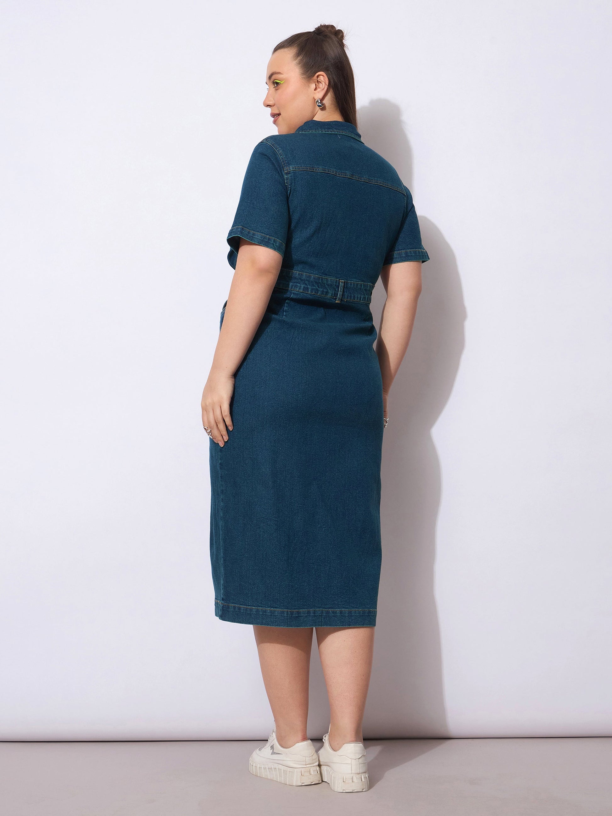 Navy Wash Denim Front Slit Midi Dress-SASSAFRAS Curve
