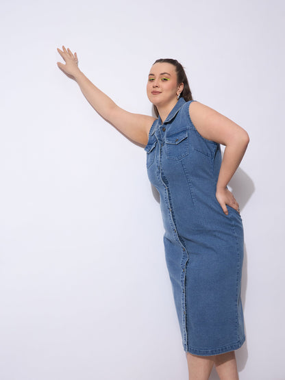 Plus size women's Blue Denim Blue Wash Denim Front Button Midi Dress by Sassafras Curve for wholesale buyers, boutiques, resellers and bulk orders