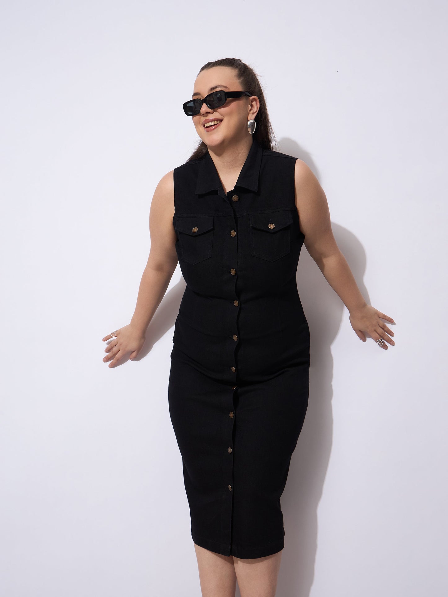 Plus size women's Black Denim Black Wash Denim Front Button Midi Dress by Sassafras Curve for wholesale buyers, boutiques, resellers and bulk orders