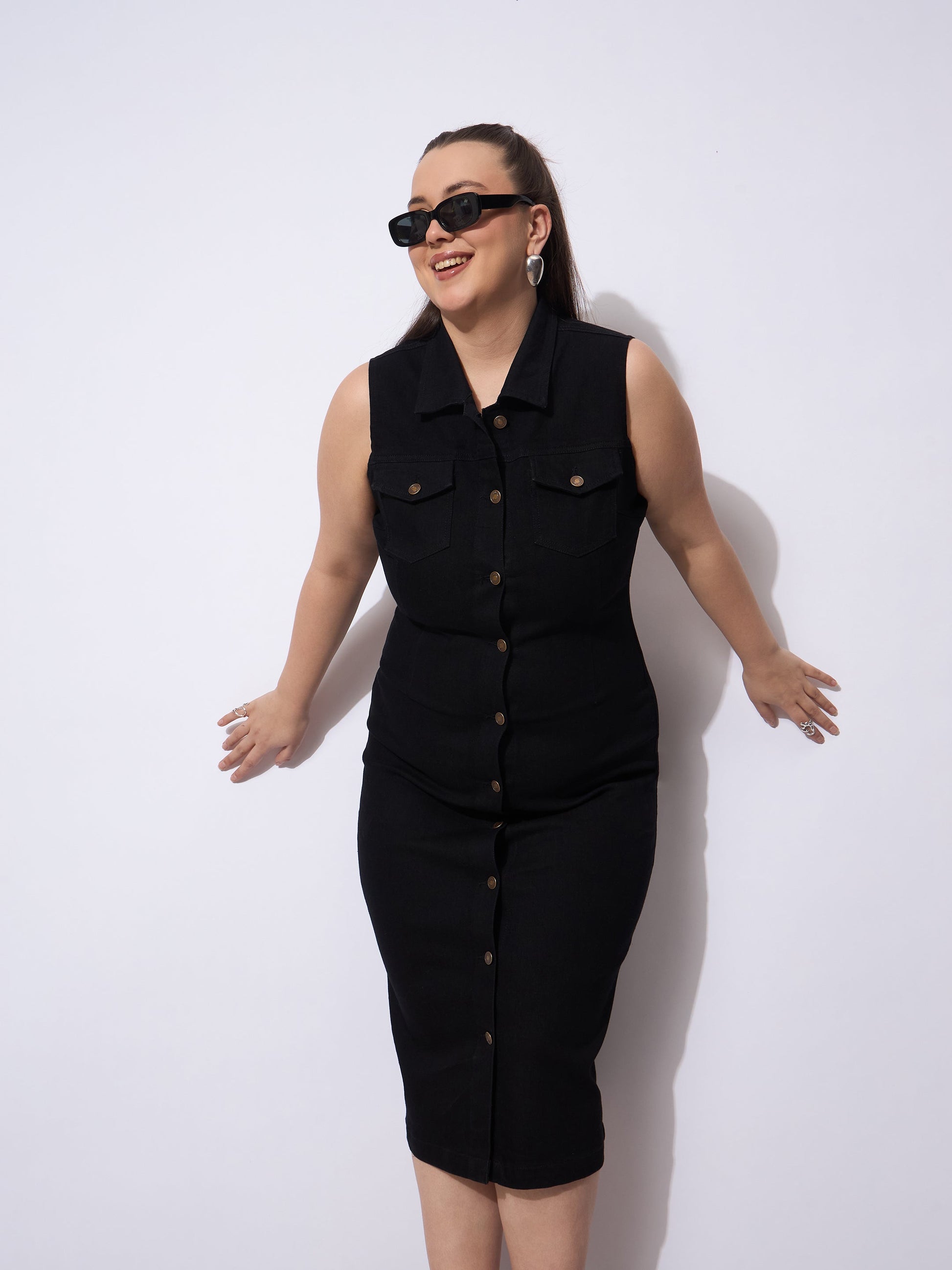 Plus size women's Black Denim Black Wash Denim Front Button Midi Dress by Sassafras Curve for wholesale buyers, boutiques, resellers and bulk orders