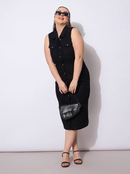 Black Wash Denim Front Button Midi Dress-SASSAFRAS Curve