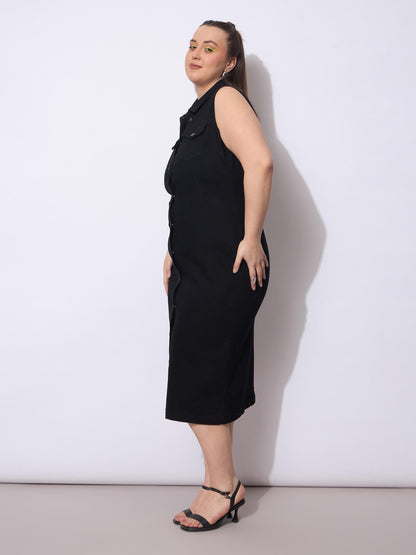 Black Wash Denim Front Button Midi Dress-SASSAFRAS Curve