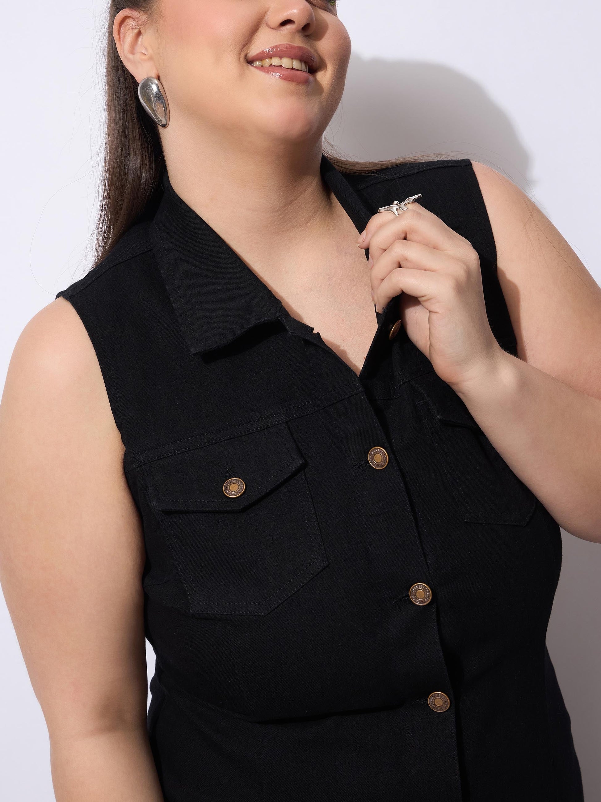 Black Wash Denim Front Button Midi Dress-SASSAFRAS Curve