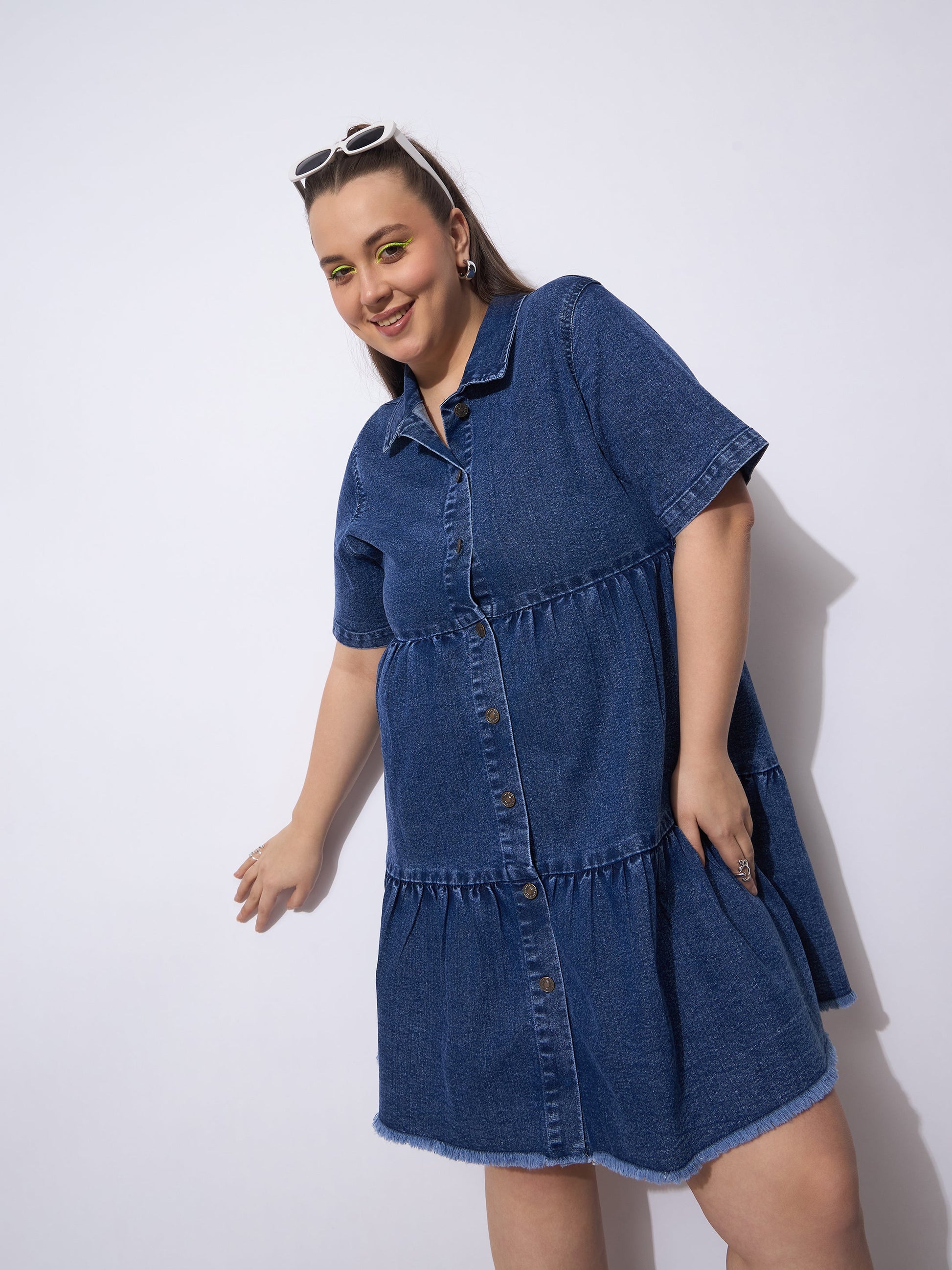 Plus size women's Navy Denim Navy Wash Denim Short Tiered Dress by Sassafras Curve for wholesale buyers, boutiques, resellers and bulk orders from