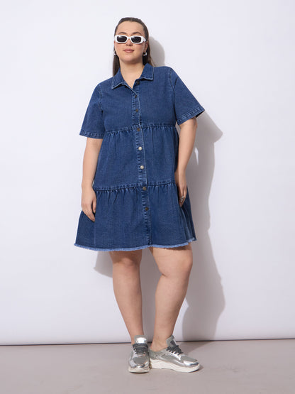 Navy Wash Denim Short Tiered Dress-SASSAFRAS Curve