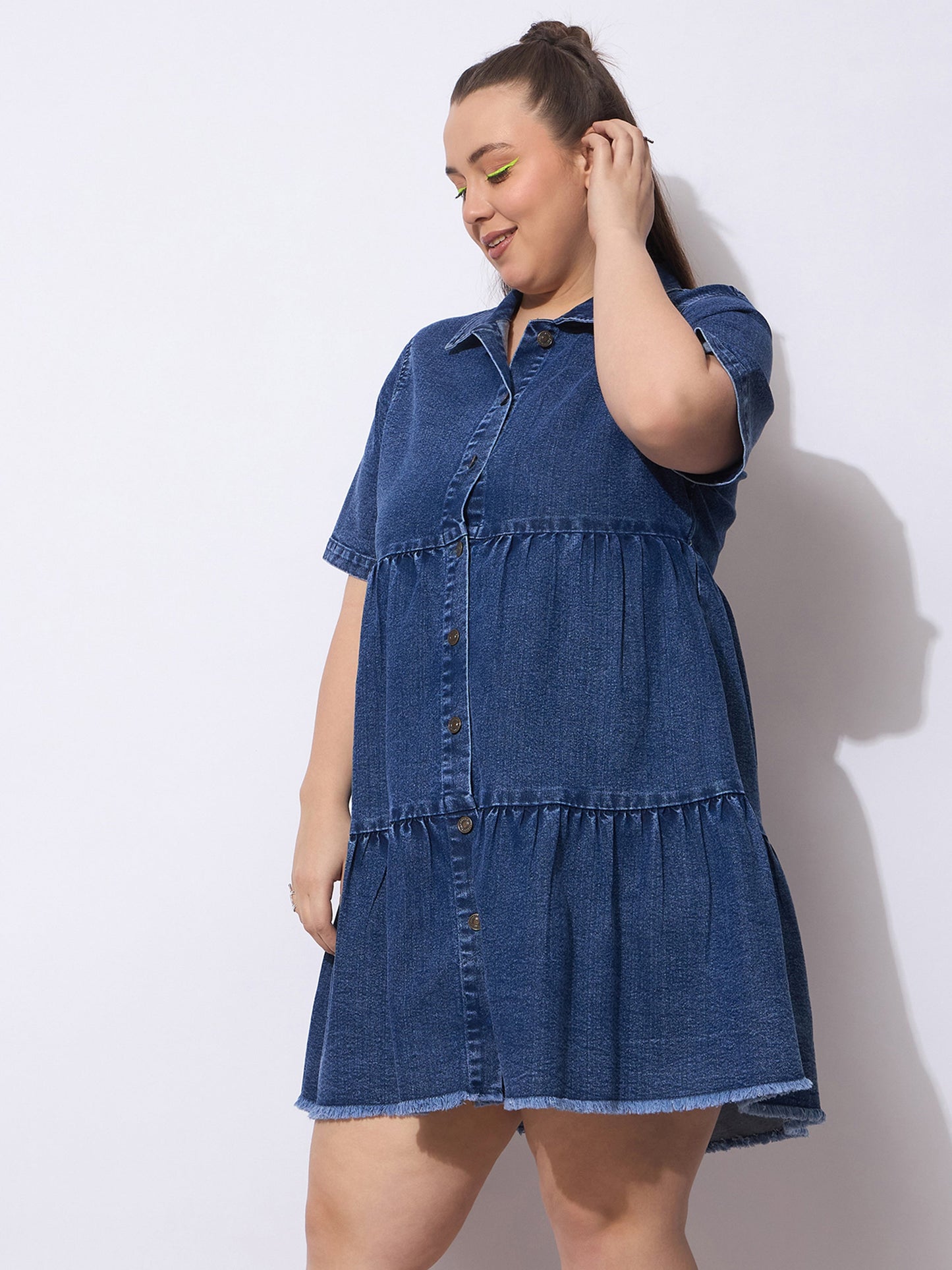 Navy Wash Denim Short Tiered Dress-SASSAFRAS Curve