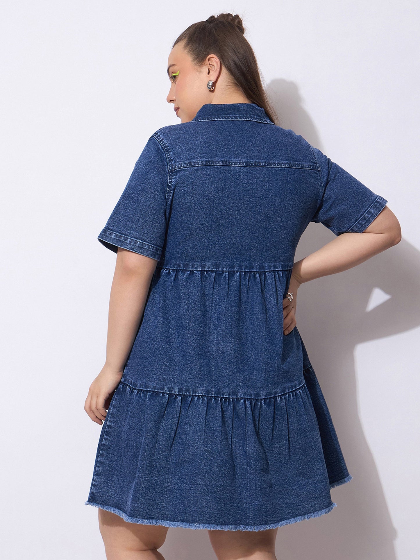 Navy Wash Denim Short Tiered Dress-SASSAFRAS Curve
