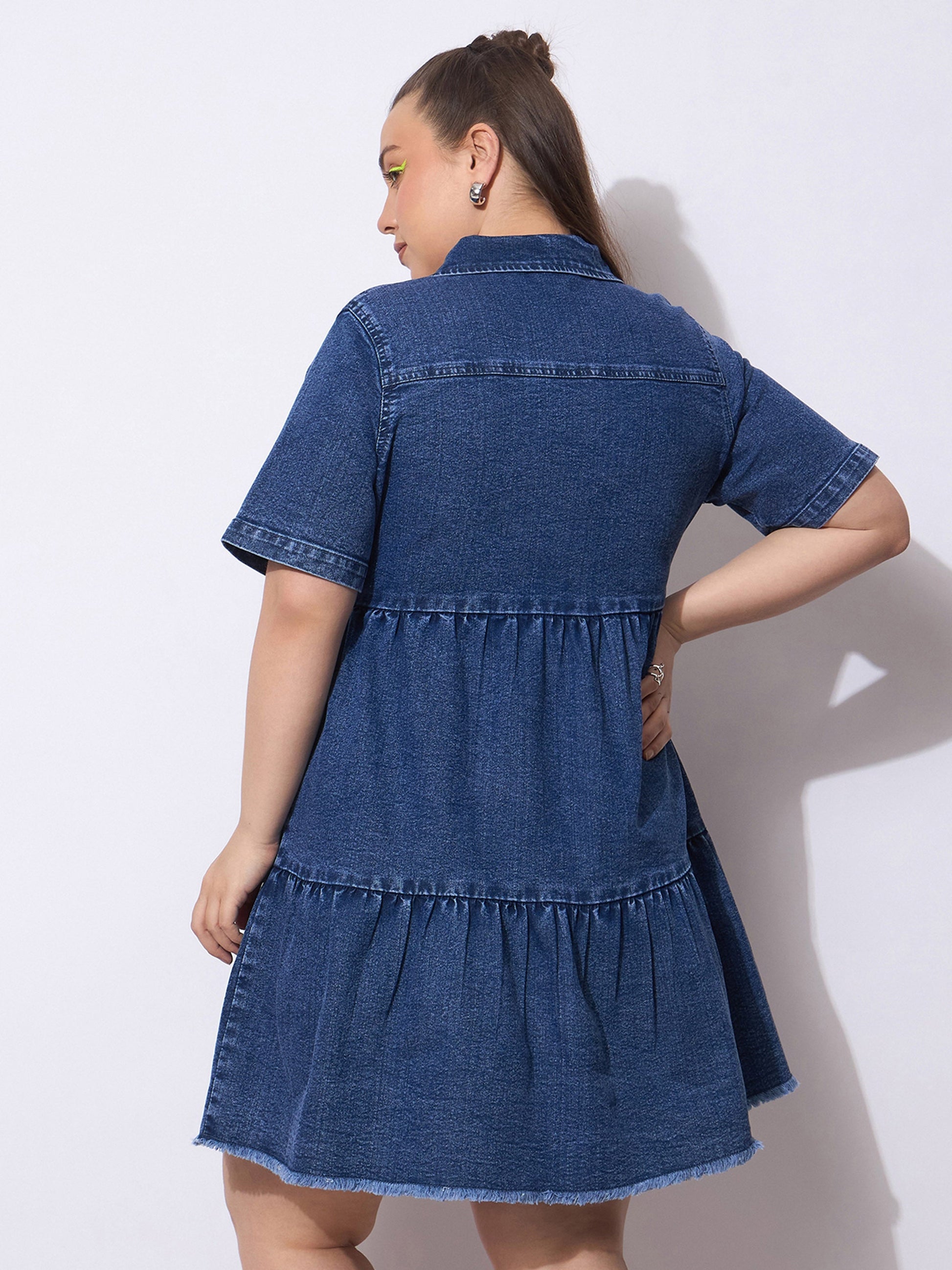 Navy Wash Denim Short Tiered Dress-SASSAFRAS Curve
