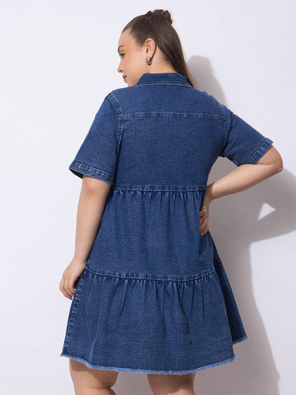 Navy Wash Denim Short Tiered Dress-SASSAFRAS Curve