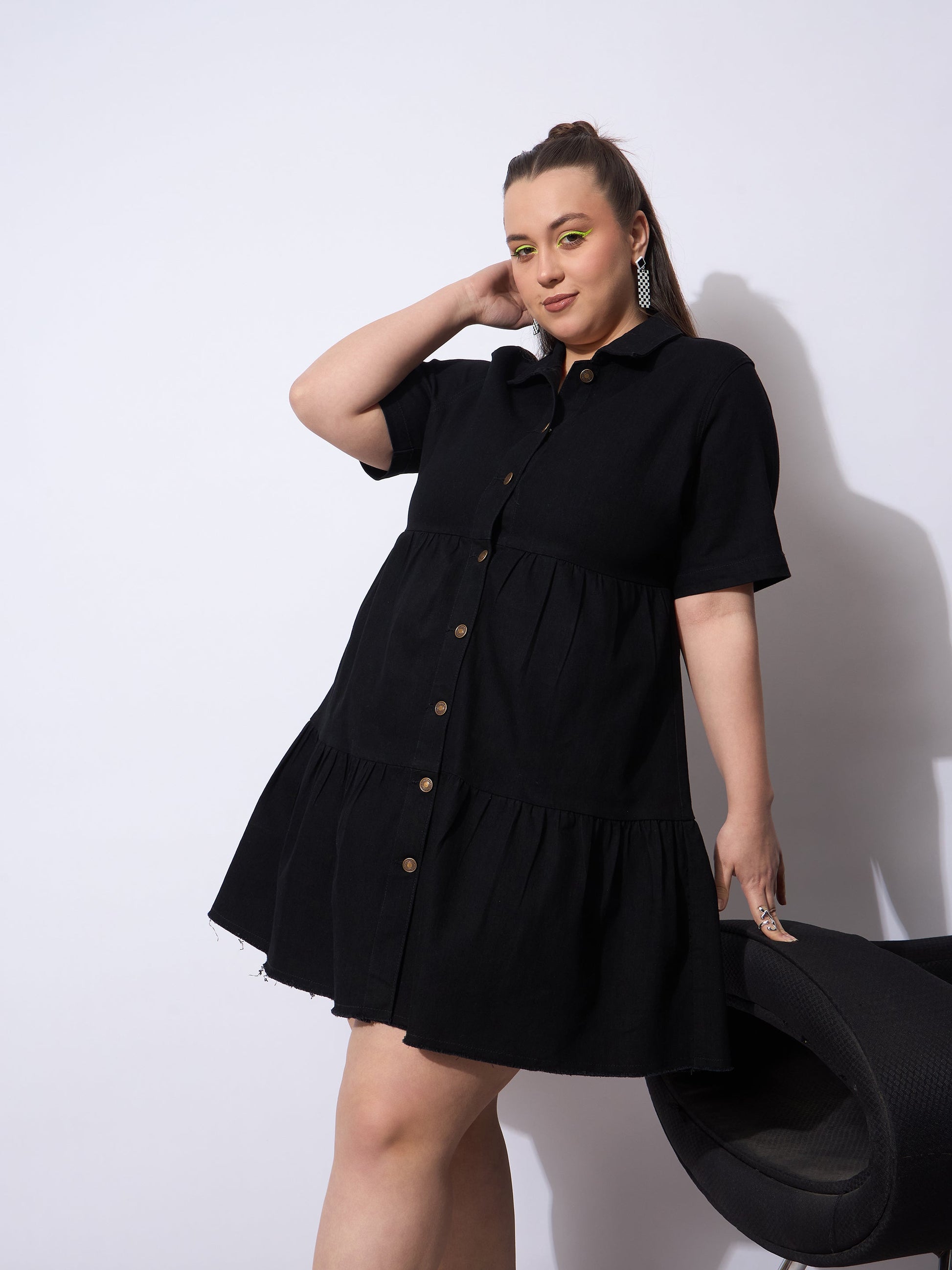 Plus size women's Black Denim Black Wash Denim Short Tiered Dress by Sassafras Curve for wholesale buyers, boutiques, resellers and bulk orders from