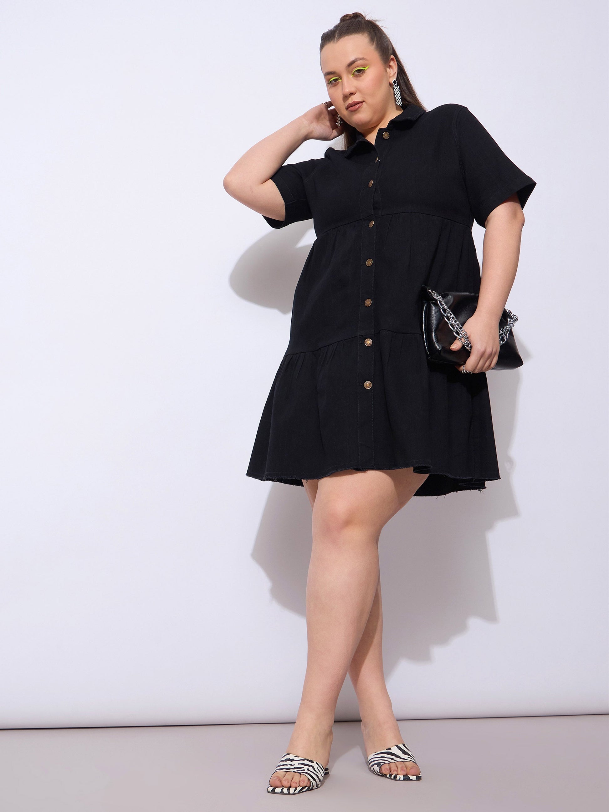 Black Wash Denim Short Tiered Dress-SASSAFRAS Curve