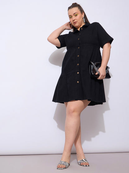 Black Wash Denim Short Tiered Dress-SASSAFRAS Curve