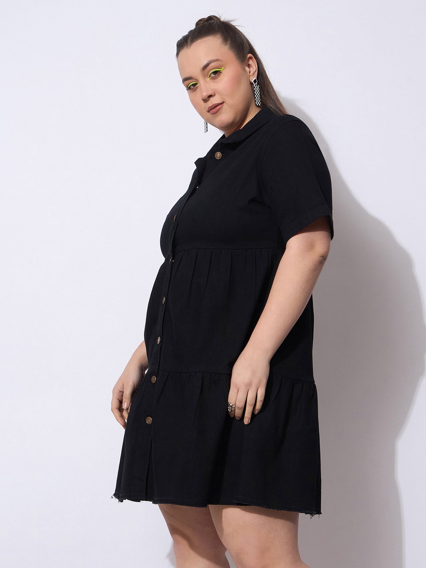 Black Wash Denim Short Tiered Dress-SASSAFRAS Curve