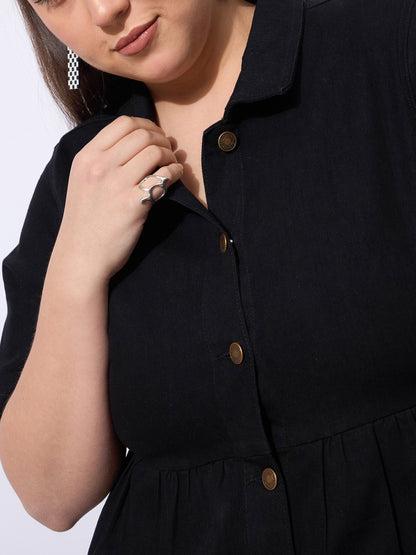 Black Wash Denim Short Tiered Dress-SASSAFRAS Curve