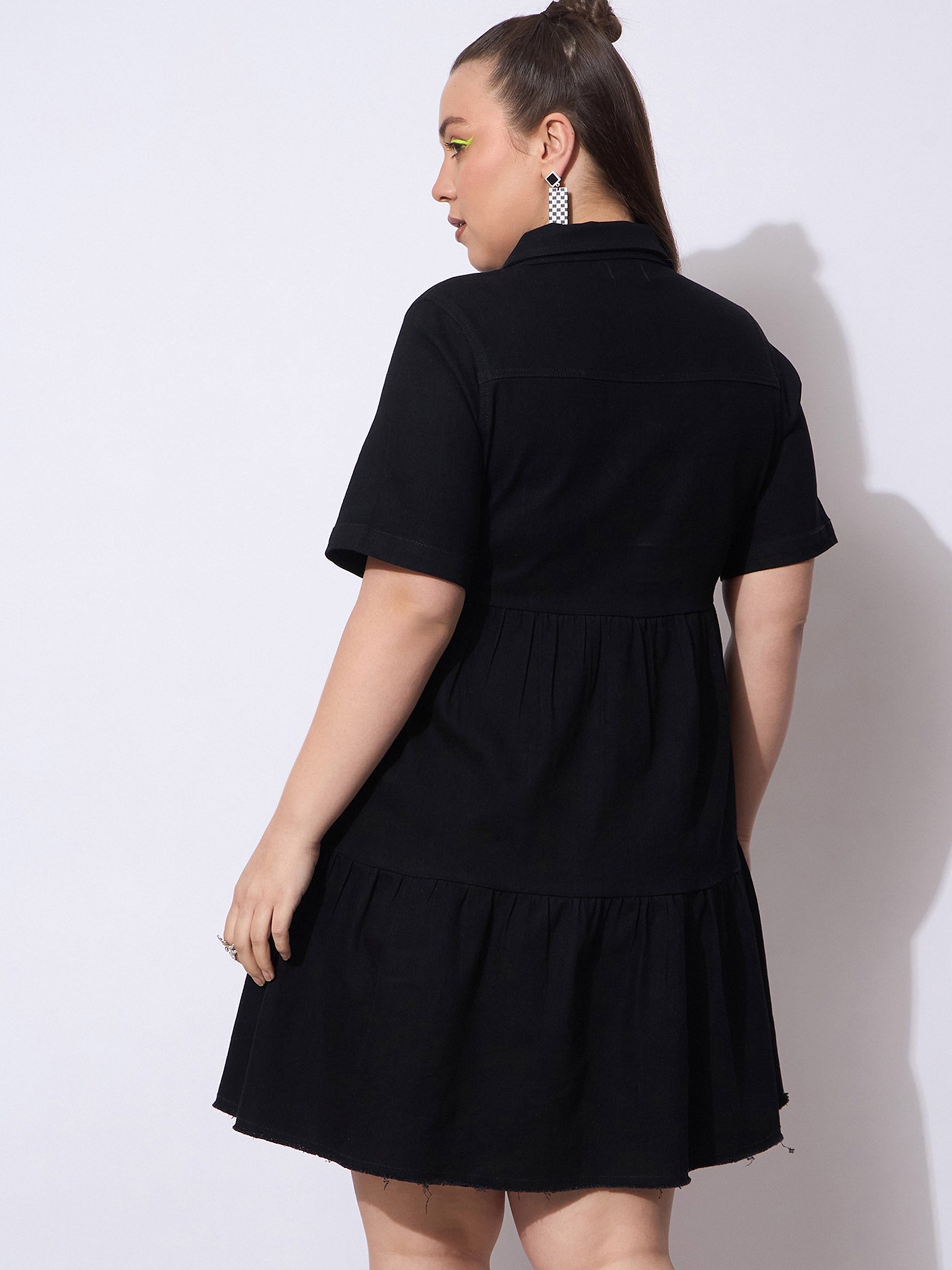 Black Wash Denim Short Tiered Dress-SASSAFRAS Curve