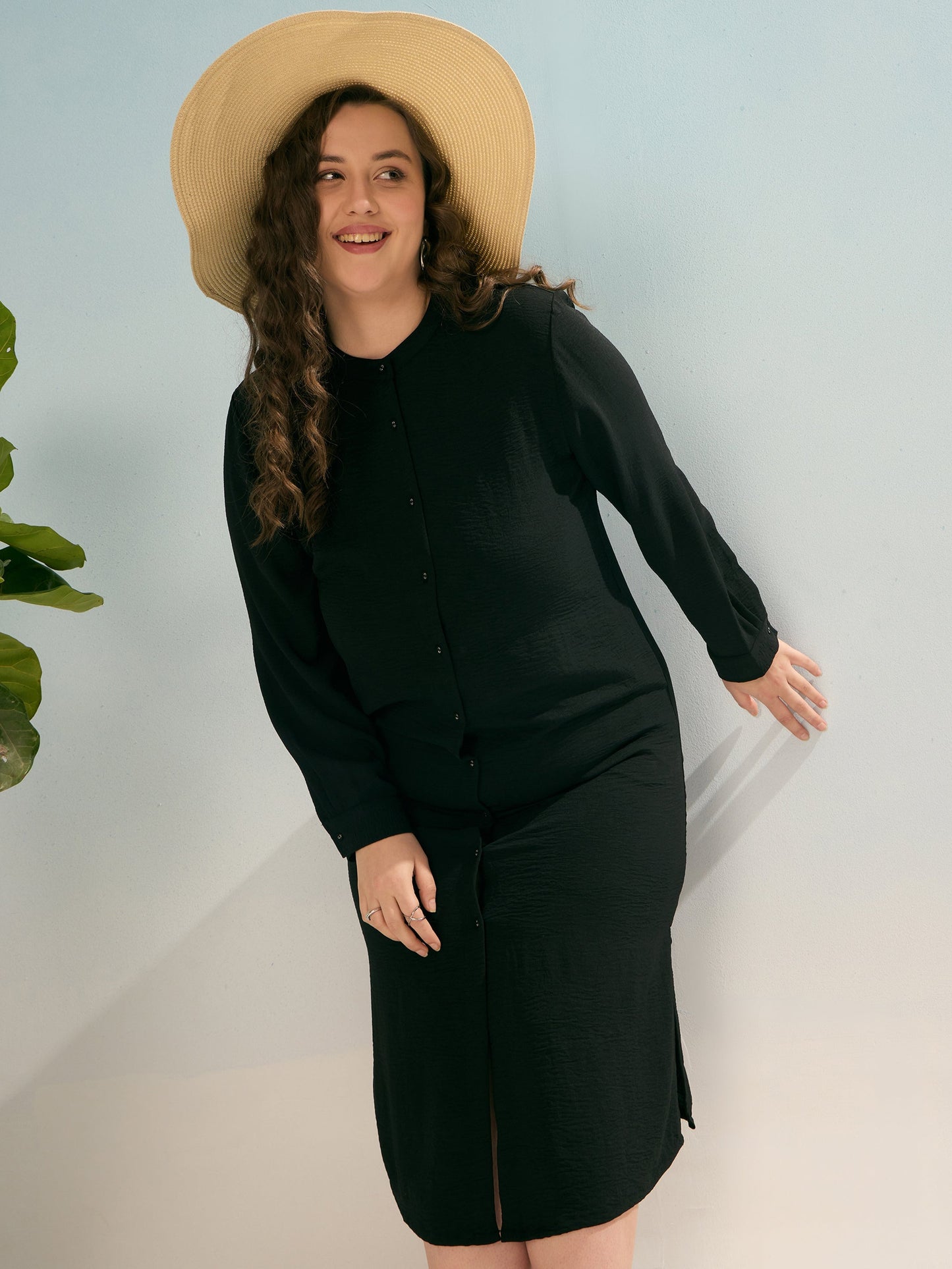 Black Front Button Midi Dress