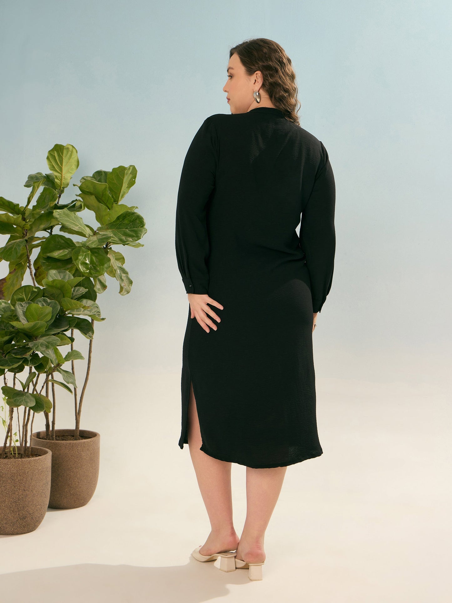 Black Front Button Midi Dress
