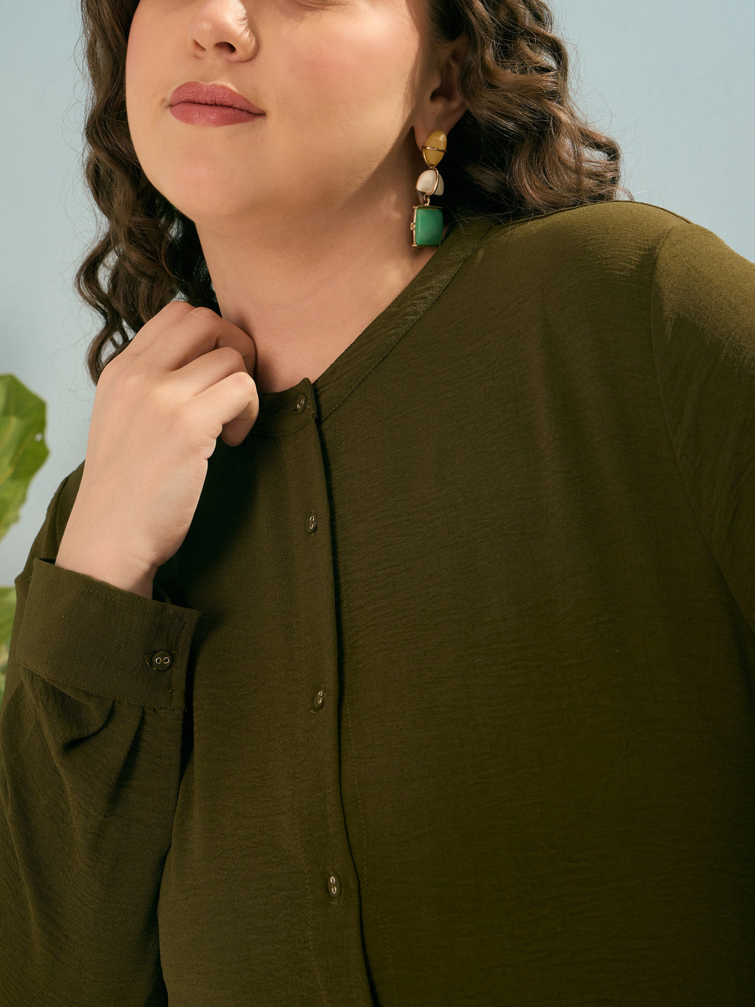 Olive Front Button Midi Dress-SASSAFRAS Curve