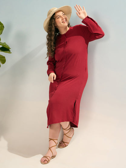Maroon Front Button Midi Dress