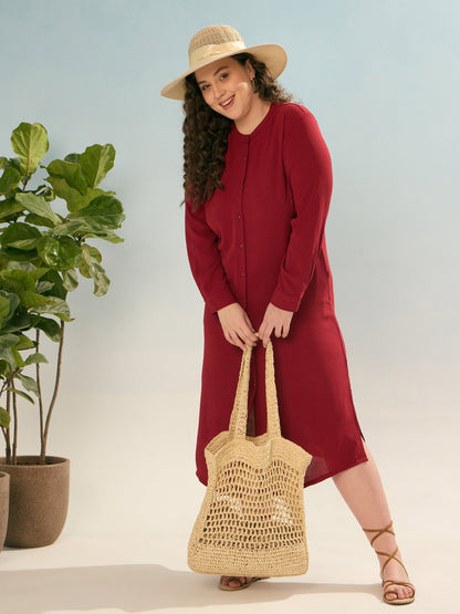 Maroon Front Button Midi Dress