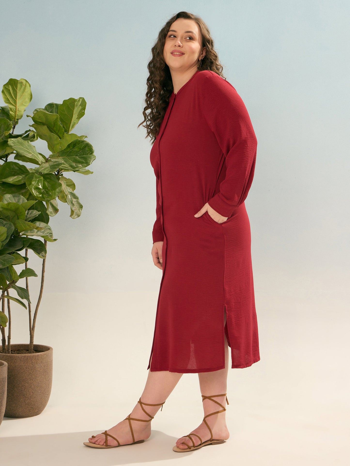 Maroon Front Button Midi Dress